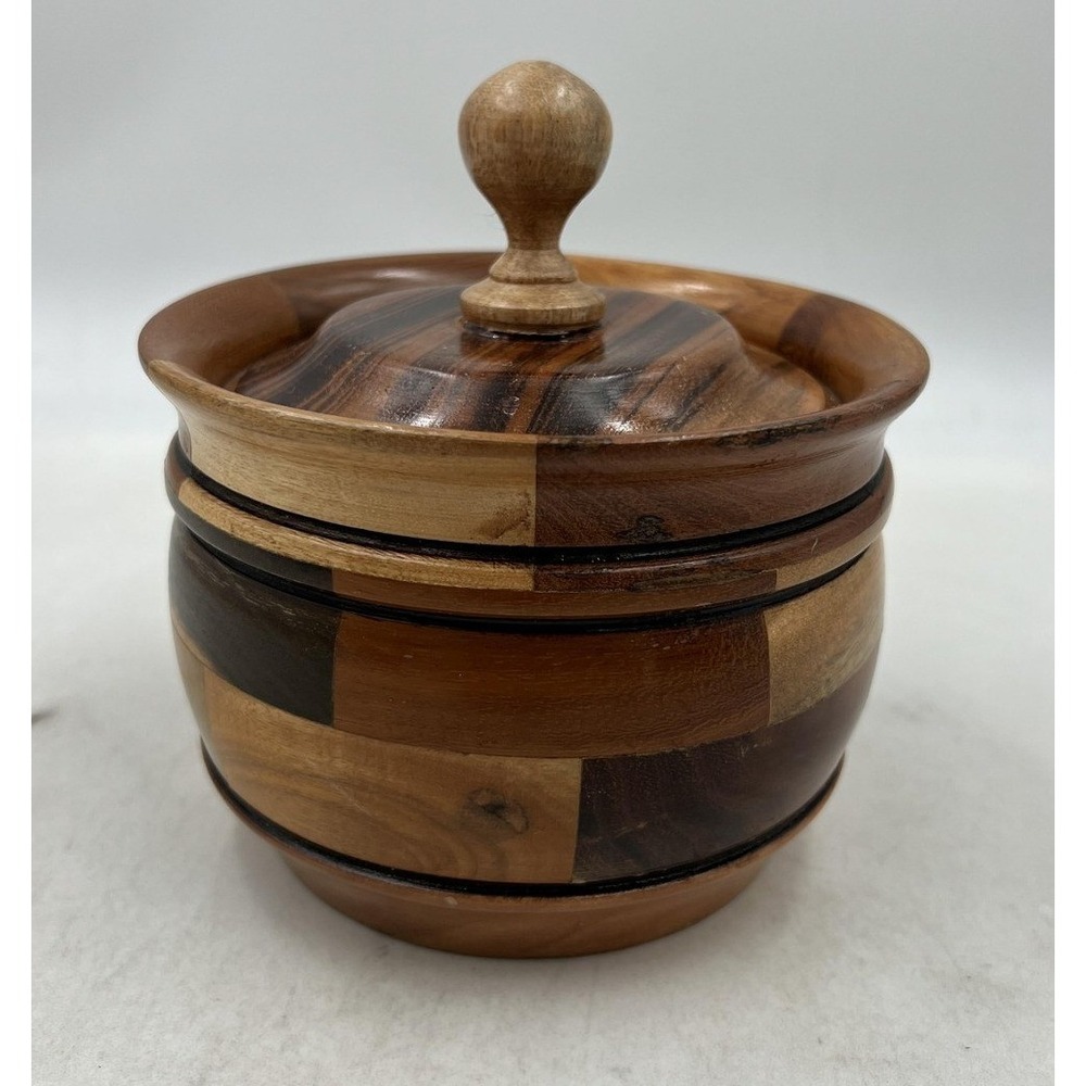 VTG Wood Lidded Jar Handcrafted Patchwork Mixed Decorative Trinket Bowl Finial
